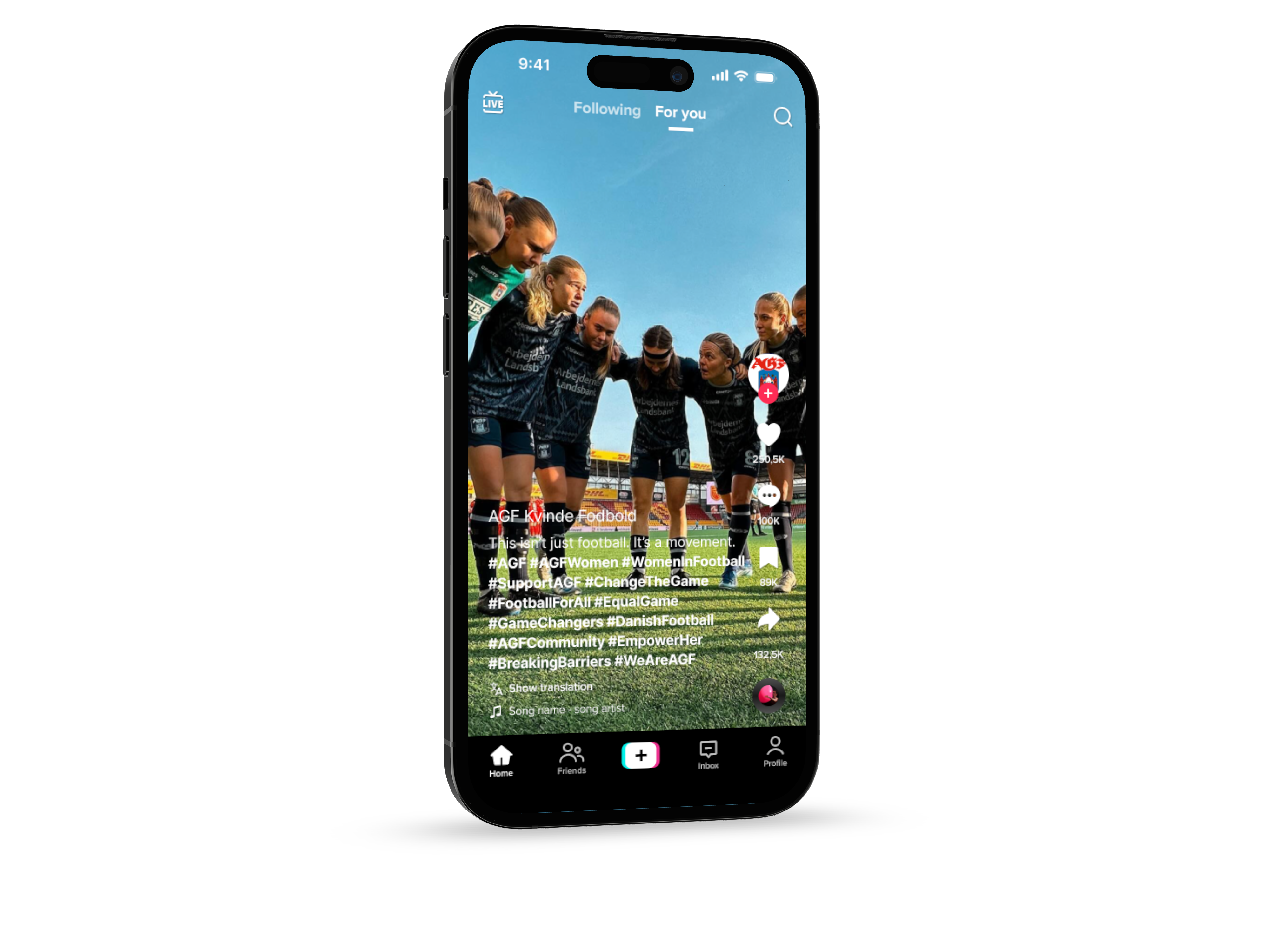 Mockup of a TikTok video featuring female football players, gathered on a football pitch.