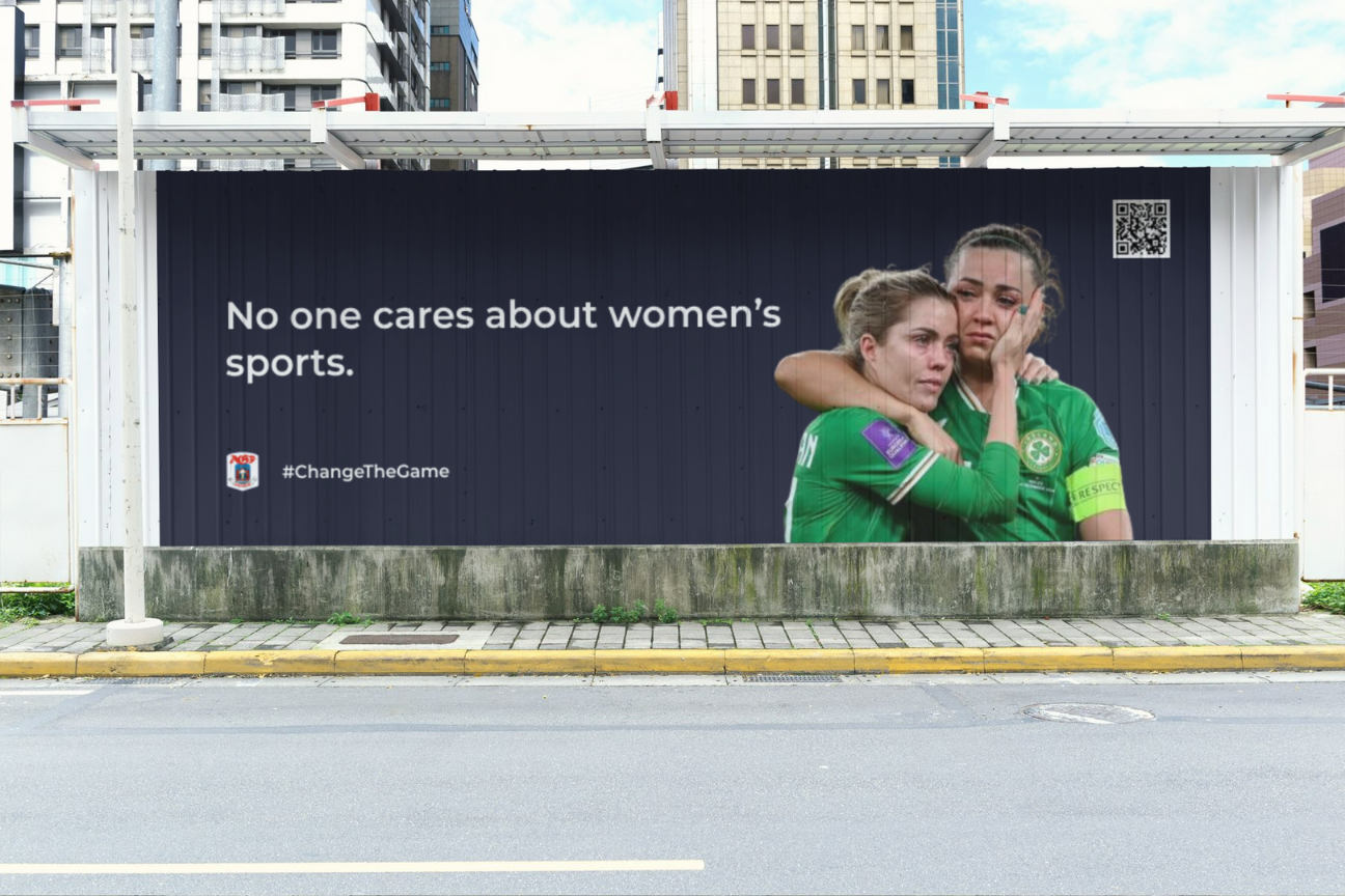 A mockup of an AGF poster featuring female football players crying, with a slogan and a QR code.